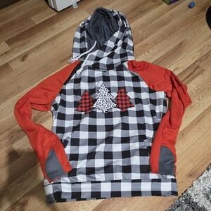 Womens Black and Red Checkered Hoodie Sweater